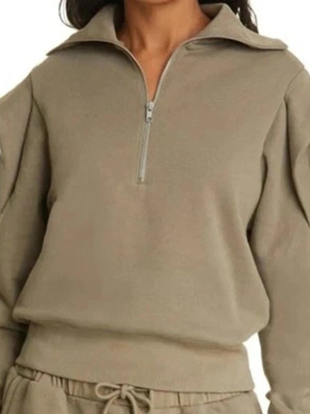 FRAME Military Green 1/4 Zip Front Ruffled Sleeve Sweatshirt Top Medium